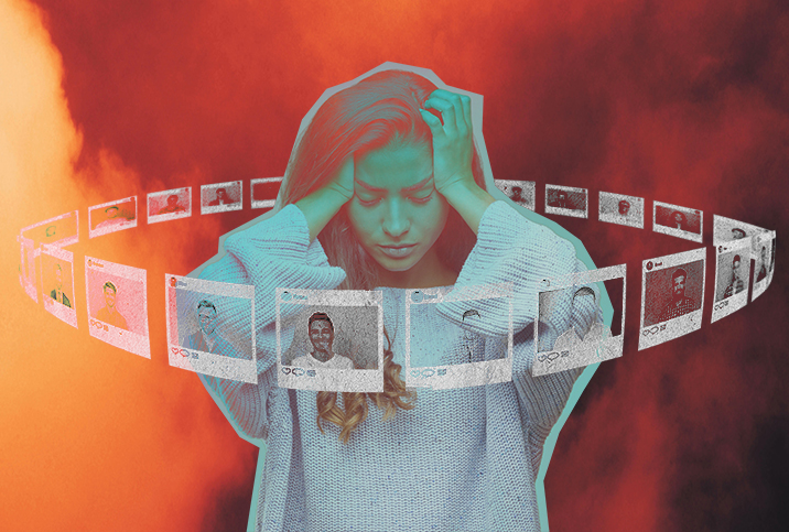 A woman with PTSD stands with her hands against her head, pictures surrounding her.