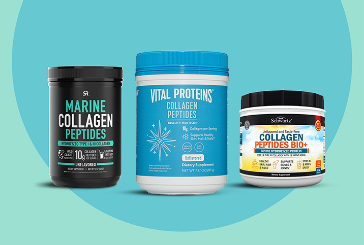 Different brands of collagen peptides supplements are beside each other on a blue background.