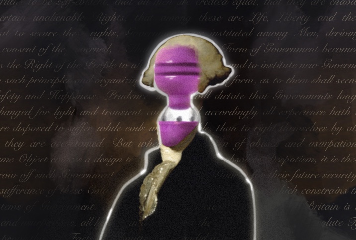 The bust of George Washington with a vibrator in place of his face sits against the Declaration of Independence.