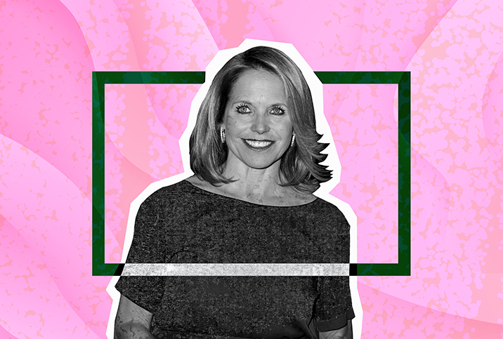 A black and white image of Katie Couric is framed by a green square against a pink textured background.