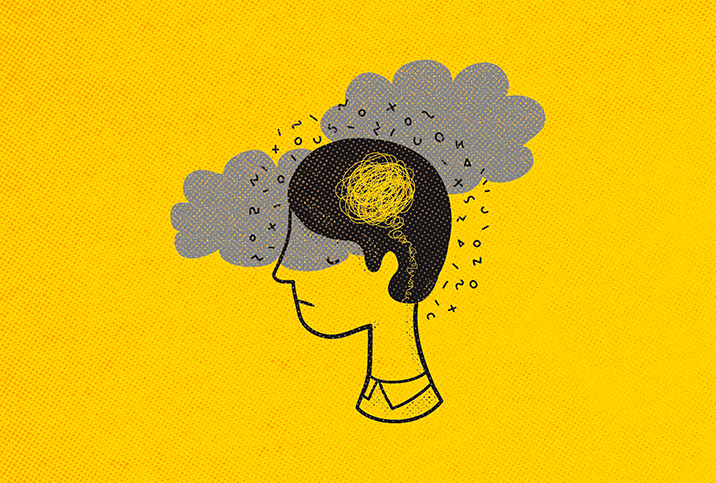 A person has a scribbled lines forming a cloud in their brain against a yellow background with floating letters and grey clouds.