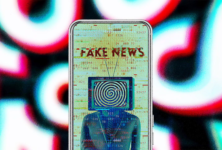 A cellphone has a person with a TV in place of their head and the words FAKE NEWS showing on screen.