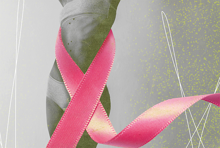 A pink ribbon wraps around a black and white photo of a woman with moles on her torso.