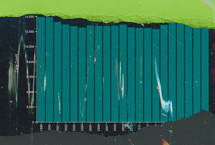 A bar graph is layered with a grey strip of paper below and a lime strip of paper above it.