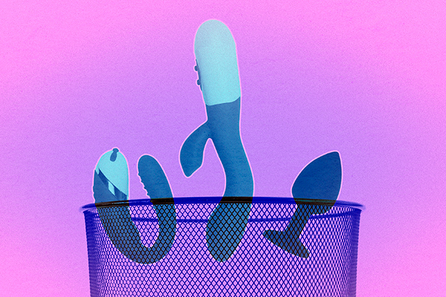 Three blue sex toys fall into a metal garbage basket. 