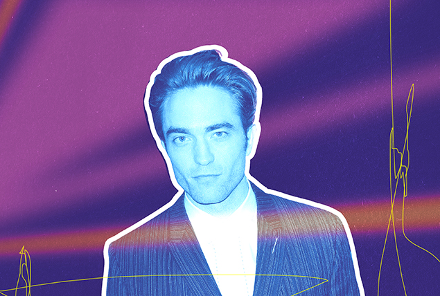 A blue-tinted image of Robert Pattinson is on a purple, streaked background.