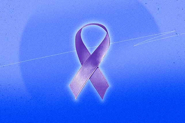 A purple awareness ribbon glows against a blue background.