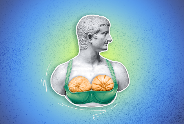 male marble bust wearing pumpkins in green bra on blue background