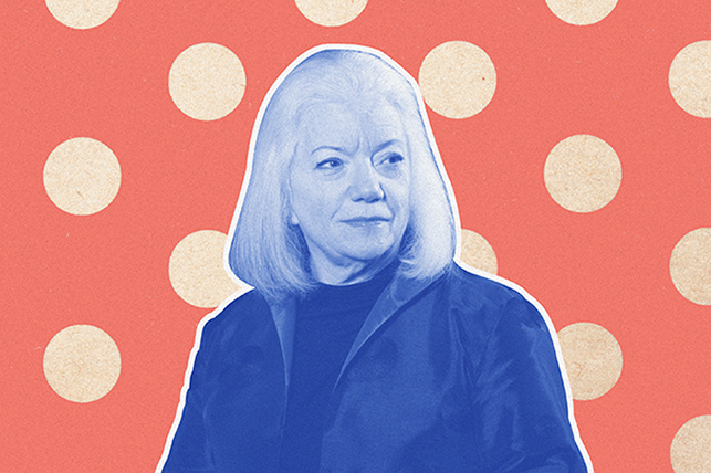 A blue picture of Sue Carter, Ph.D. is against a coral background with yellow dots.